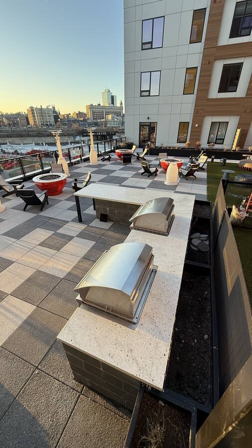 Outdoor kitchen & grill station at golden hour